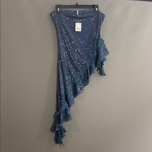 Free People Sequined Asymmetric Ruffle Top- Navy